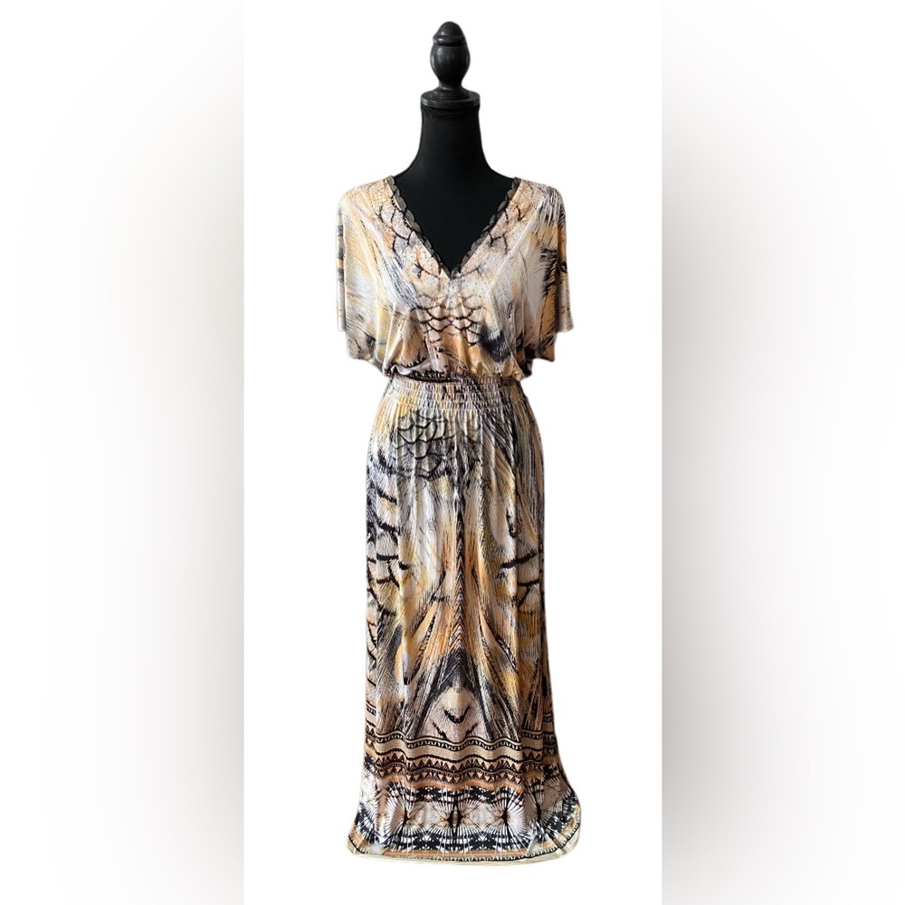 Emerald: Long Boho v Neck Dress with Tie on Upper Back